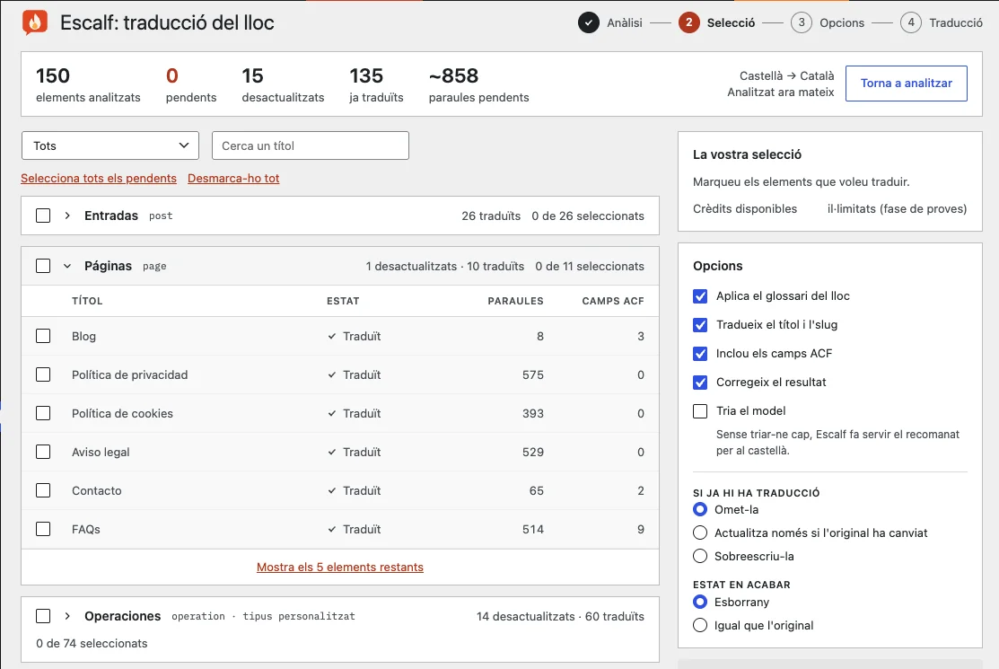La pantalla «Traducció del lloc» d'Escalf: els elements pendents, desactualitzats i ja traduïts, i les opcions abans de traduir